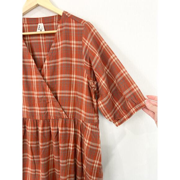 PACT Fireside Flannel Crossover Dress Large Orange Plaid Fall Cotton Boho Modest - Picture 6 of 9